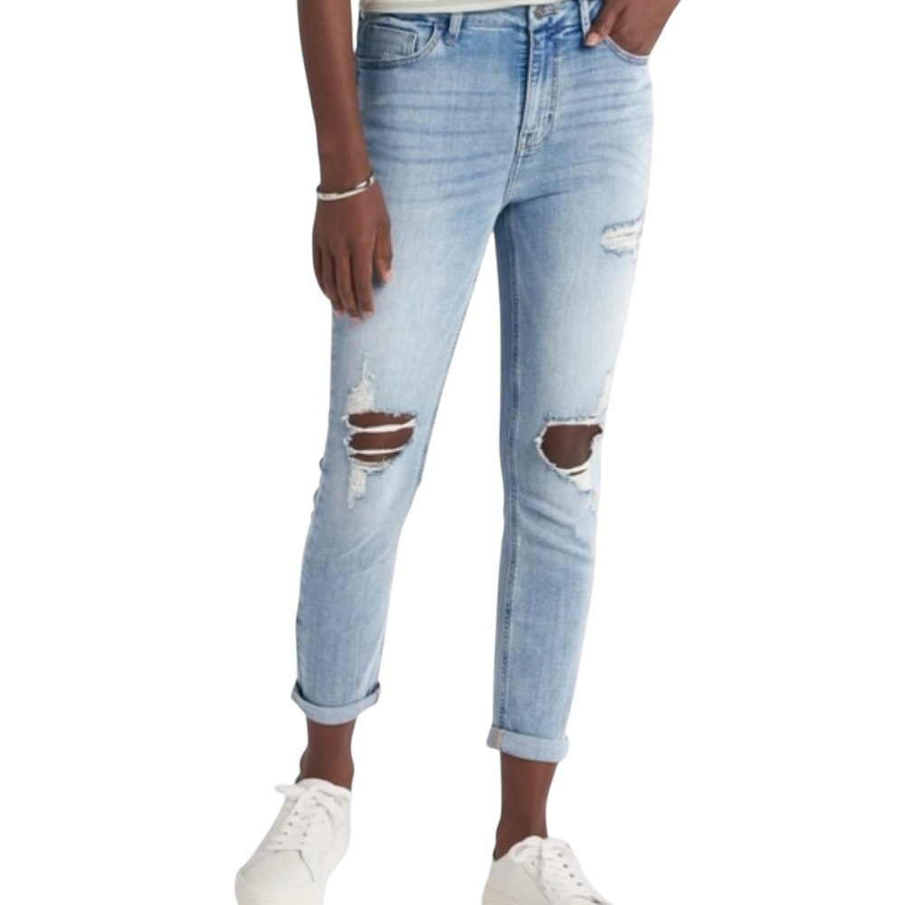 Studio Blue Light Wash Distressed Ripped Knee High Waist Boyfriend Jeans 31 - Picture 2 of 13